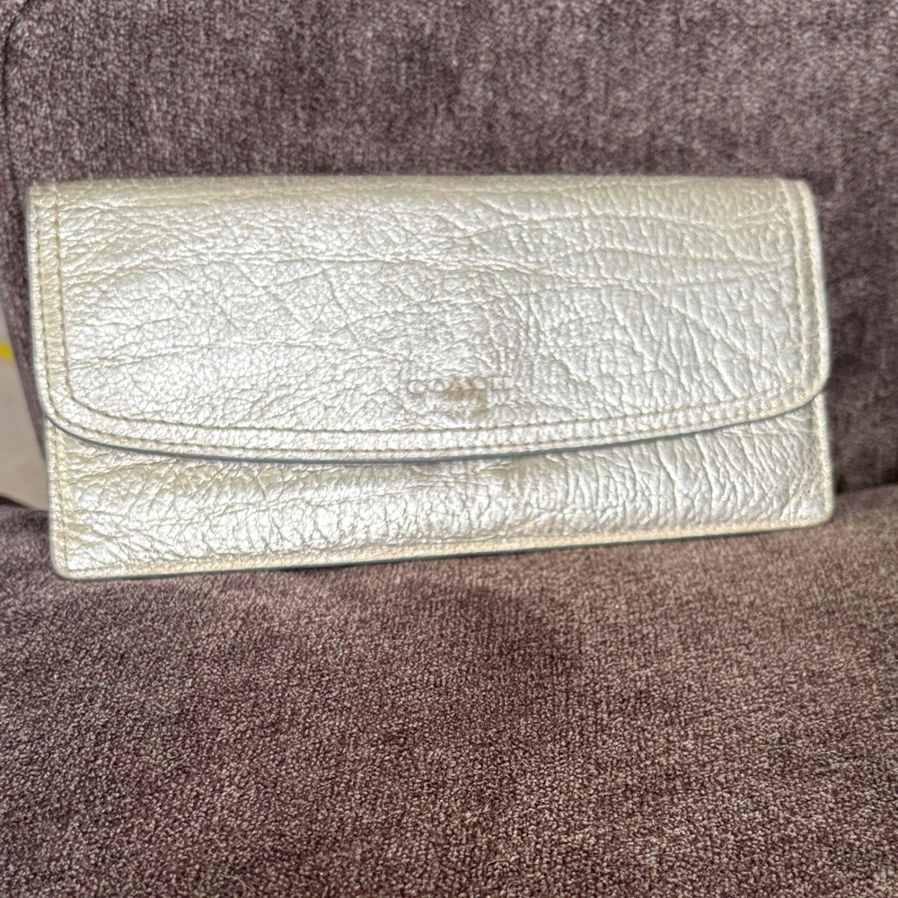 Coach Metallic Silver Leather Flap Wallet